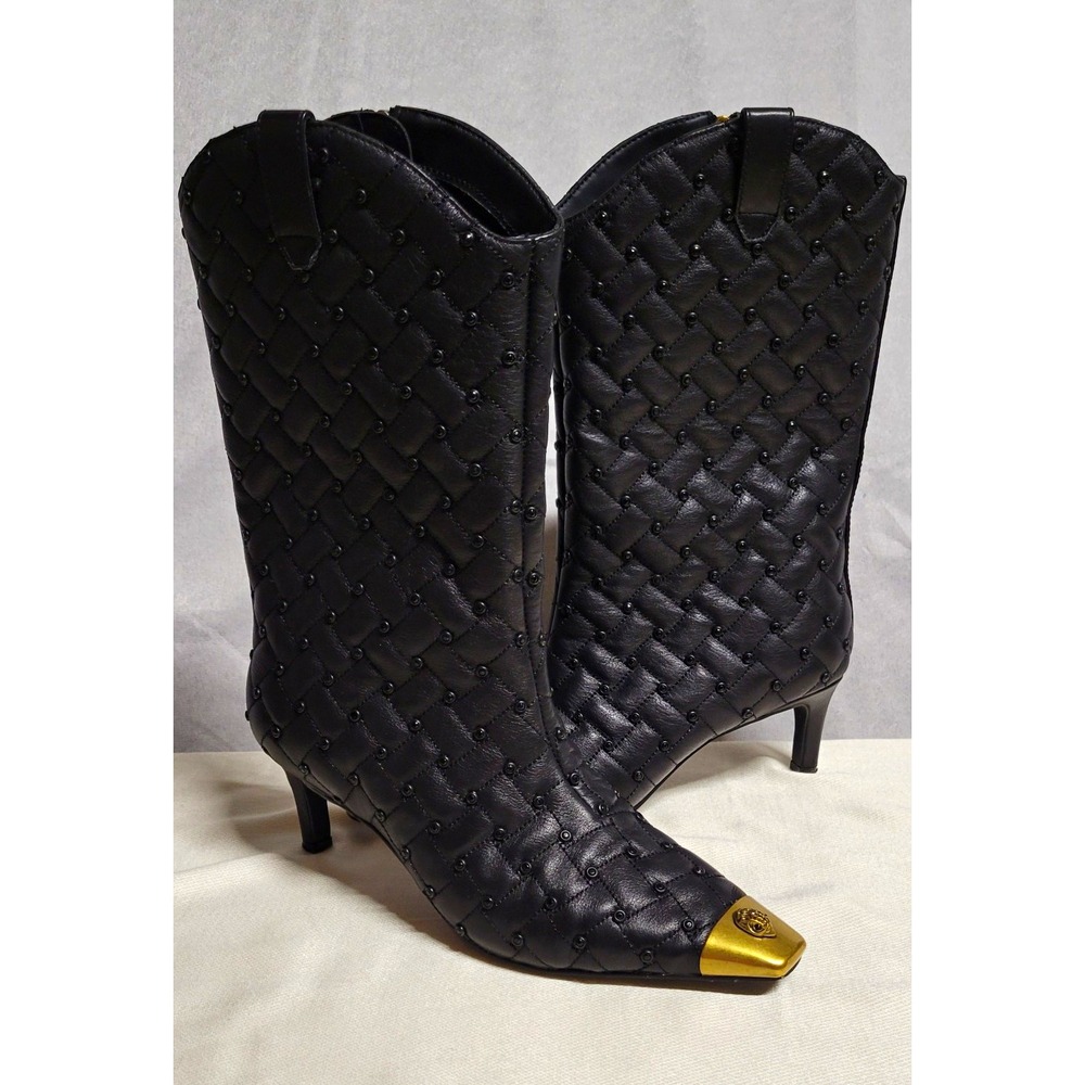 Kurt Geiger London Black Quilted Leather Studded Zip Mid-Calf Boots 7